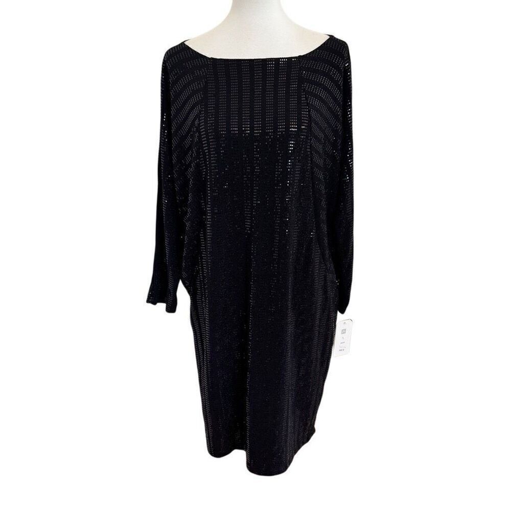 NEW Clara Sun Woo Soft Stretch Knit Black Shimmer Dolman Tunic Dress Size Large